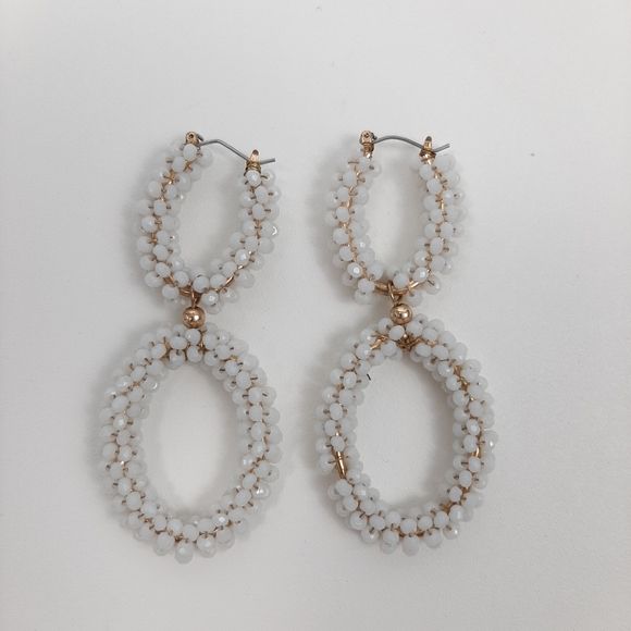 White Seed Bead and Gold Tone Statement Drop Earrings - Picture 4 of 5